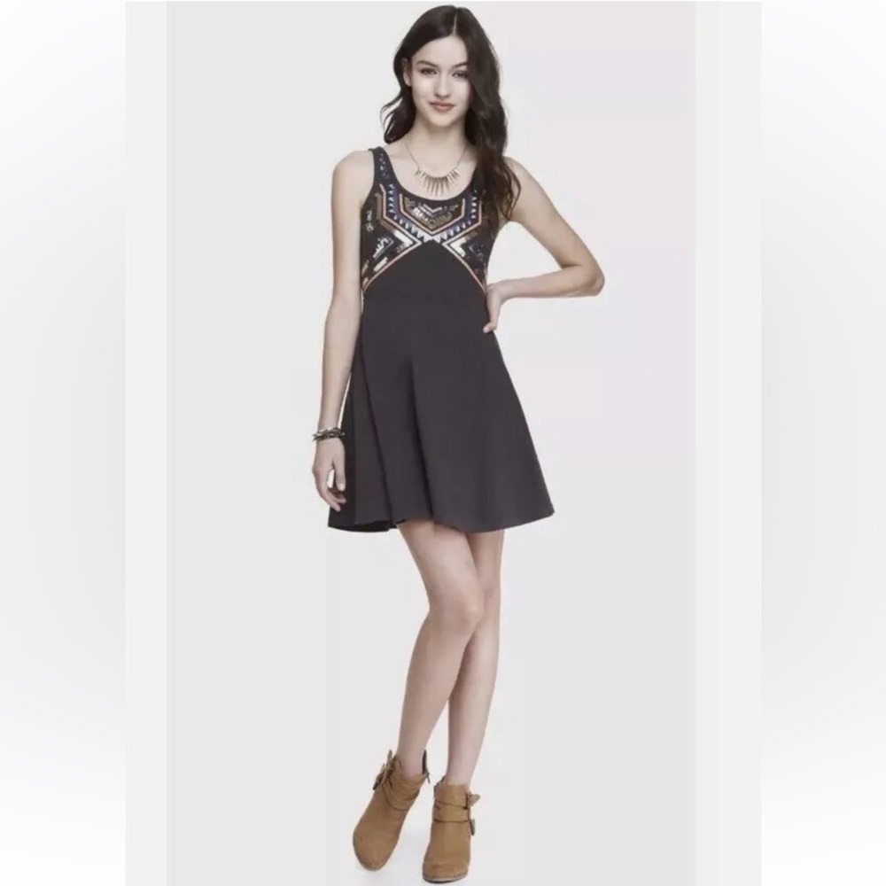 Express Aztec Sequin Sleeveless Fit & Flare A-Line Skater Dress Black Size Small